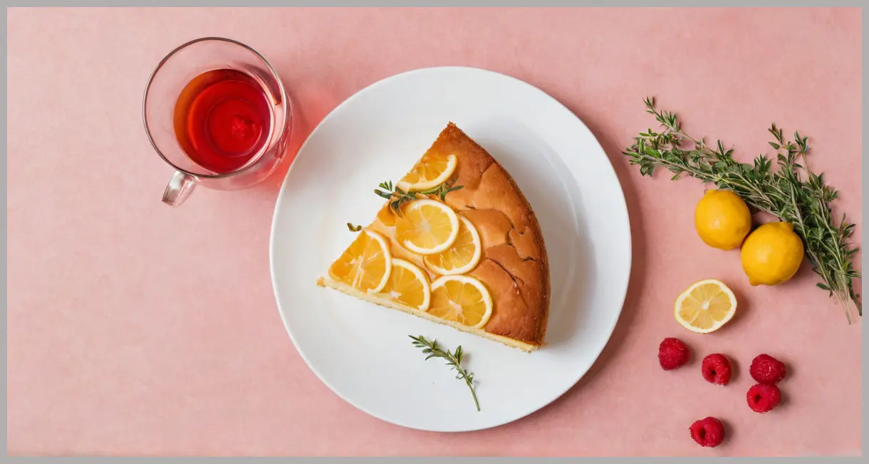 An overhead flat lay of a sliced orange blossom, lemon thyme and almond cake on a ceramic platter, surrounded by thyme sprigs, raspberries, and syrup.