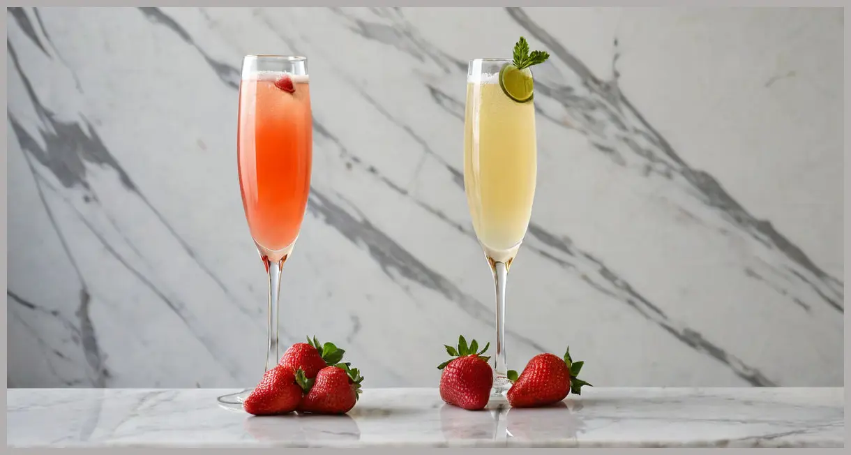 A photorealistic wide shot featuring two elegant Strawberry, lime and elderflower muddle cocktails, topped with sparkling wine in delicate flutes, resting on a sophisticated marble bar, under soft ambient light.