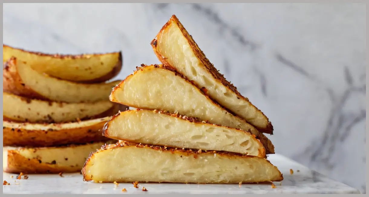 Side profile of three vertically stacked potato wedges on marble, backlit halo, crispy layers, garlic powder specks, and a minimalist blurred background. Air fryer potato wedges