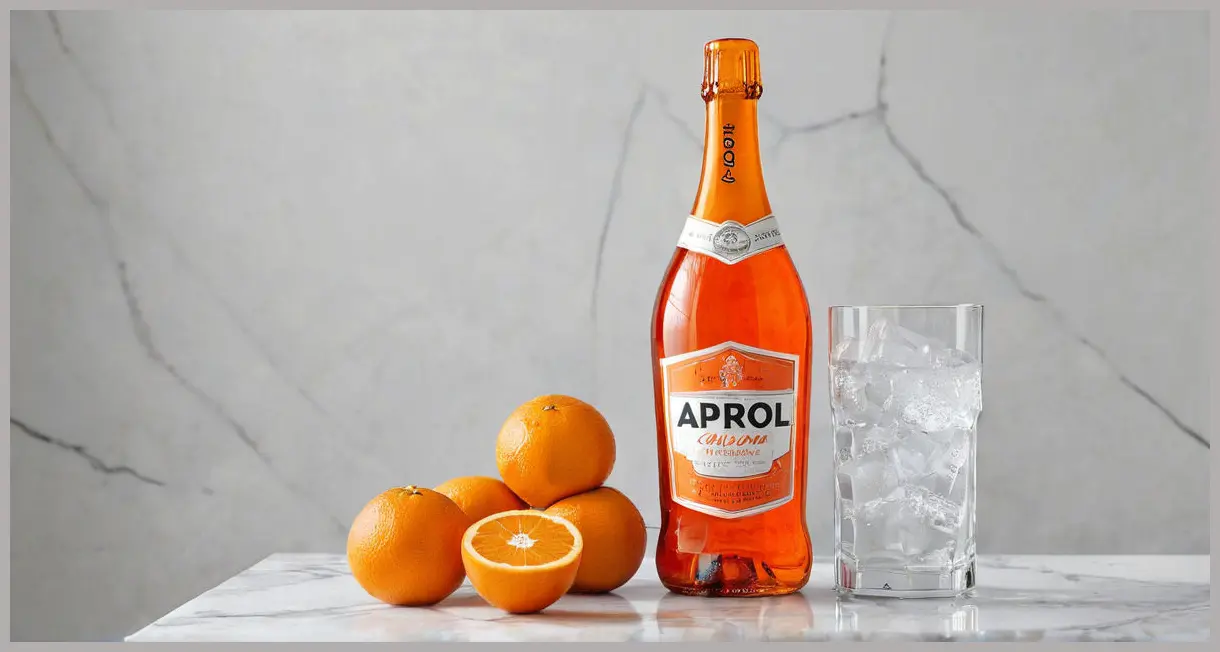 An array of Aperol spritz ingredients including Aperol, prosecco, and soda water bottles, fresh oranges, and ice cubes, neatly displayed on a white marble countertop under soft lighting.