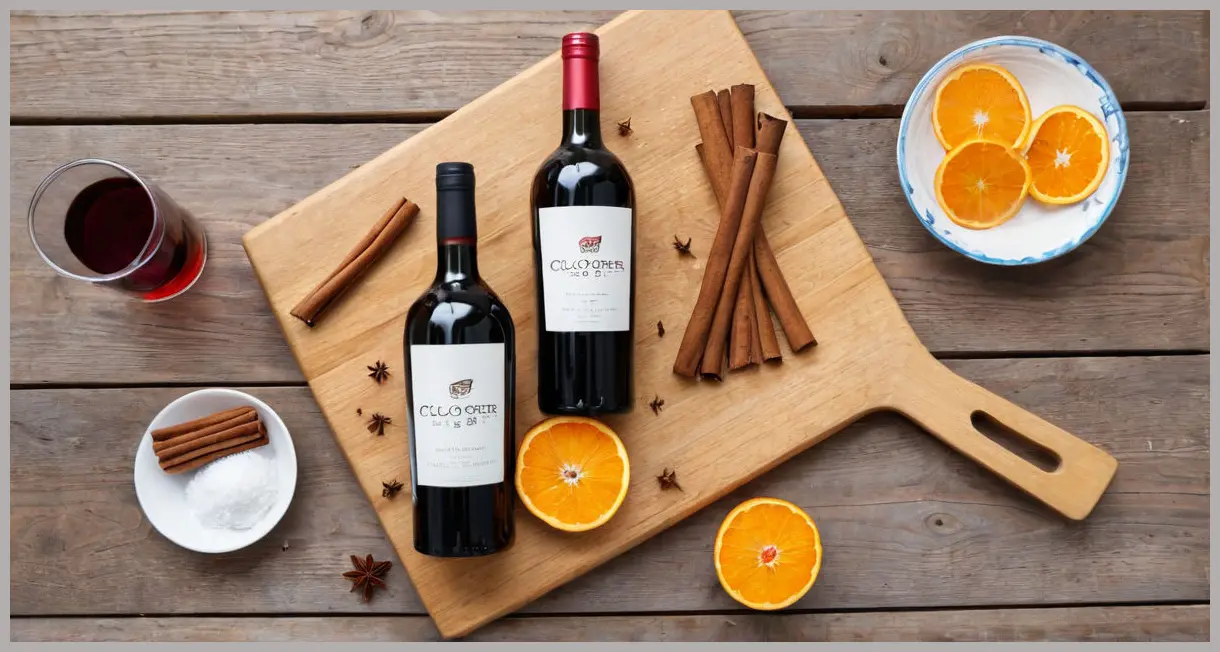 An overhead flat lay of Christmas mulled wine ingredients: red wine bottle, cloves, cinnamon sticks, whole orange, ginger, caster sugar, and brandy, on a light wood table.