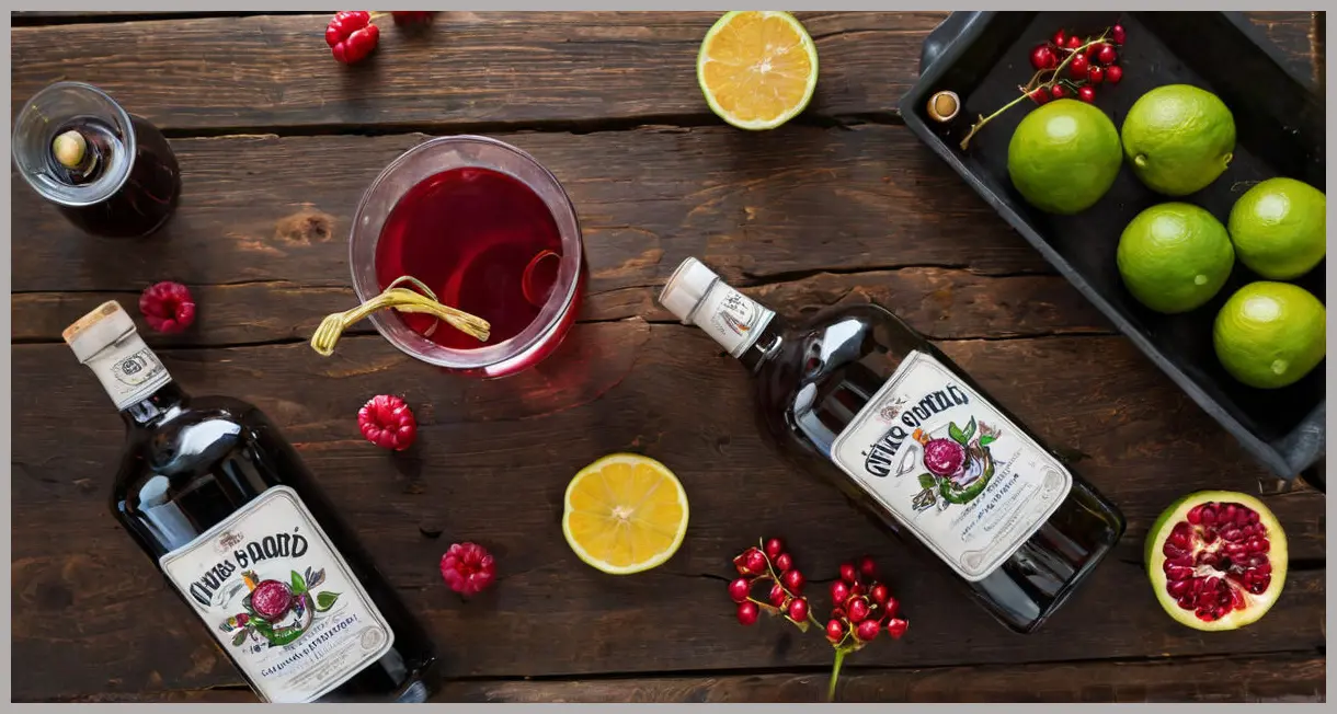 A photorealistic close-up still life featuring essential ingredients for The delicious. gin party punch: gin, Chambord, pomegranates, limes, and ginger, on a rustic wooden surface with soft studio light.