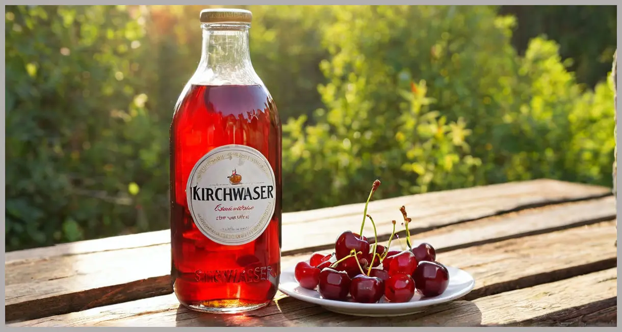 A clear glass bottle of Kirschwasser stands next to fresh, ripe sour cherries on a rustic wooden surface, illuminated by golden hour light, essential for a Kirsch royale.