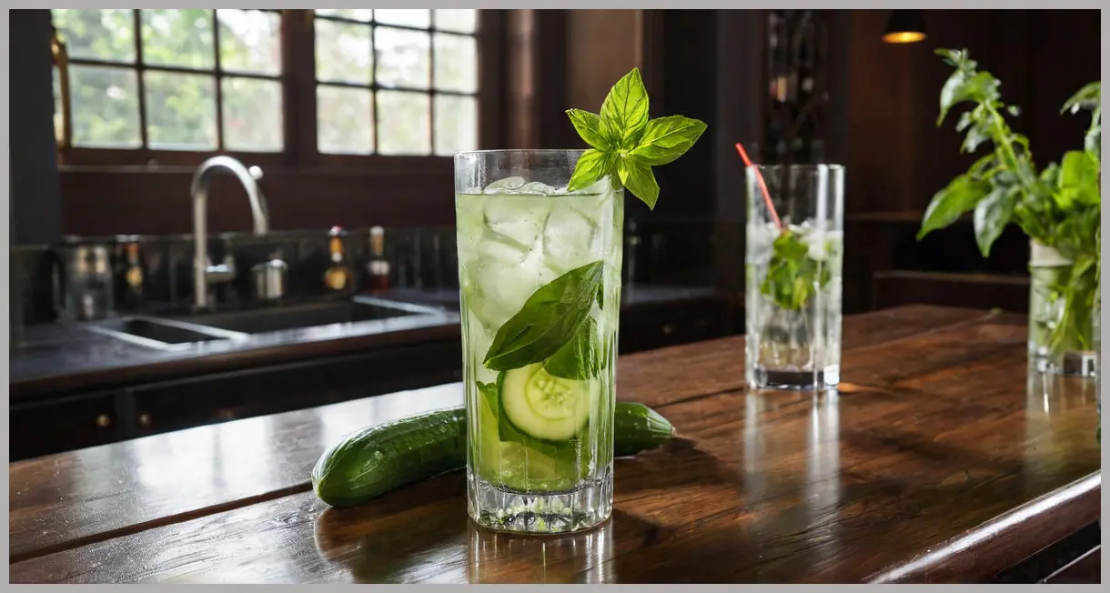 An elegant, backlit long shot of a Cucumber and basil cocktail on a polished dark wood bar counter, featuring an ethereal glow.