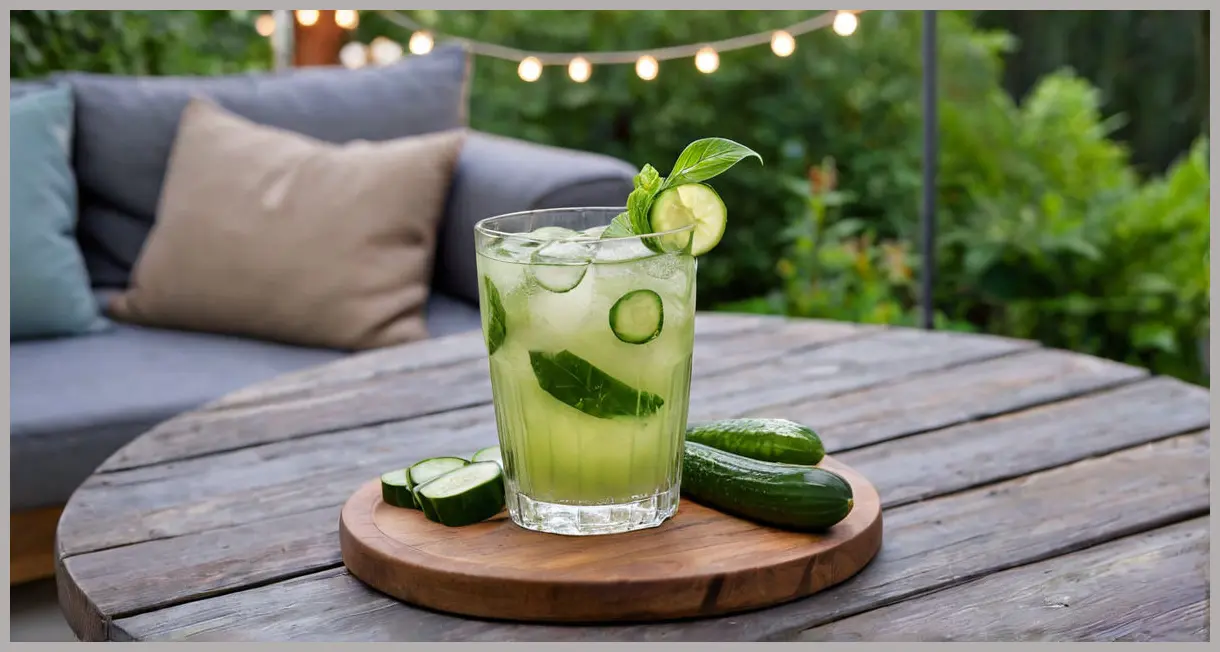 A photorealistic medium shot of a Cucumber and basil cocktail on a rustic patio table, bathed in soft evening twilight with string lights.