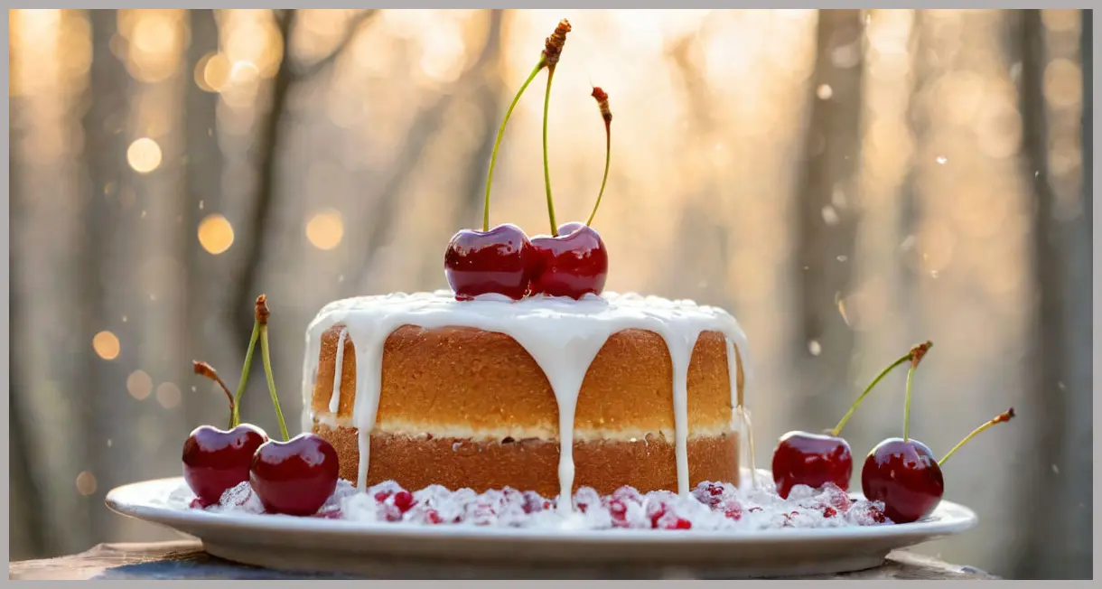Macro shot of a kirsch cherry suspended above a White Forest Gateau, backlit with golden bokeh. White forest gateau