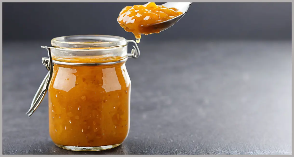 A single drop of mango chutney falls in slow motion from a spoon, glowing under cool studio light. Mango chutney (Aam ki meethi chutney)