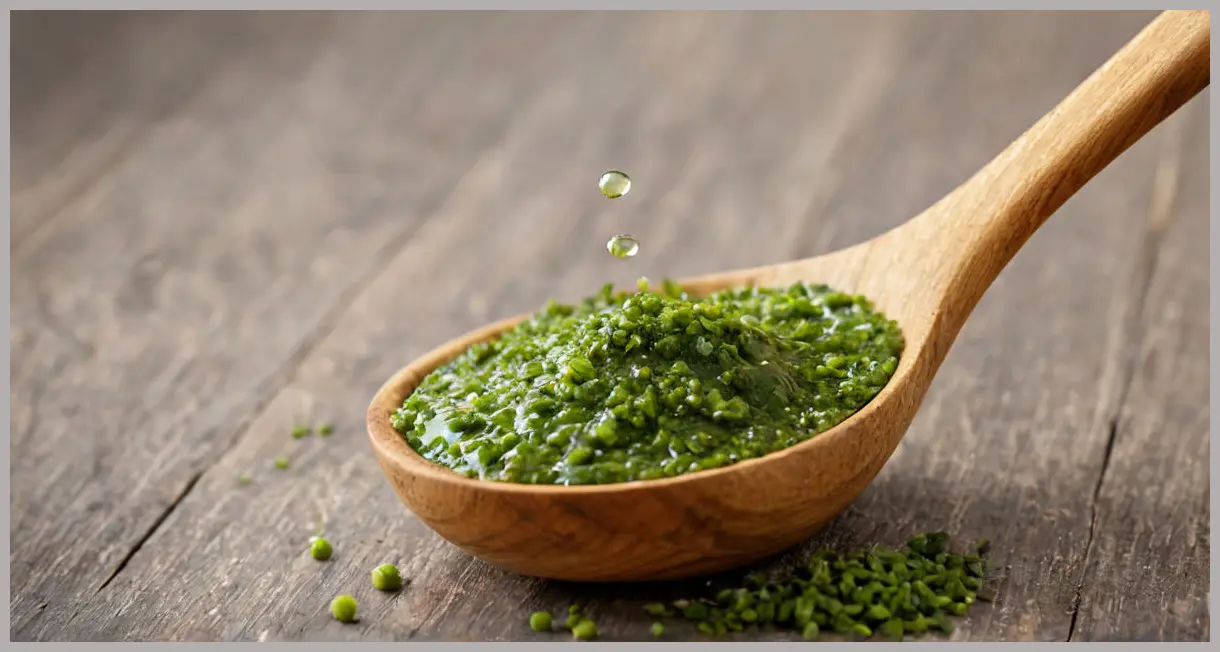 A single drop of green coriander chutney suspended in mid-air, revealing intricate textures and vibrant color. Green coriander chutney