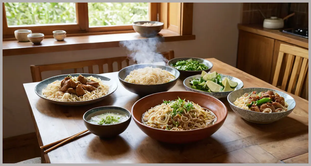 A cozy kitchen scene with multiple bowls of Chinese chicken with noodles on a wooden table, evening light filtering through the window, evoking warmth. Chinese chicken with noodles