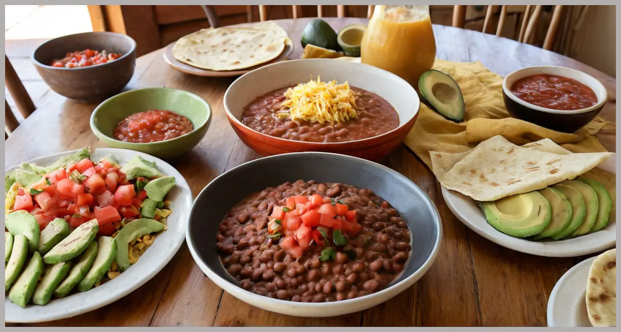 Wide shot of a family-style dining table with a bowl of refried beans, tortillas, salsa, and avocado, evoking a cozy meal. Pressure cooker refried beans