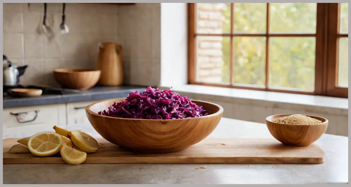 Wide shot of stir-fried red cabbage with pear and five spice in a wooden bowl, soft natural light, cozy kitchen setting.