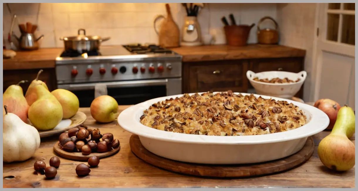 Wide shot of a ceramic dish with stuffing on a farmhouse counter, golden backlight, scattered pears, chestnuts, and thyme, warm and cozy. Caramelised onion, pear and chestnut stuffing