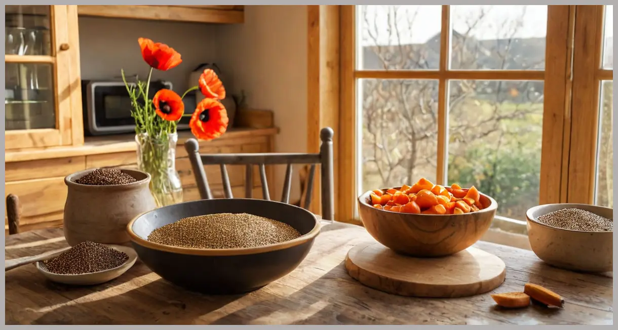 Wide shot of a farmhouse table with a wooden bowl of Marmite parsnips, golden hour backlighting, cozy and homestyle. Marmite parsnips with poppy seeds