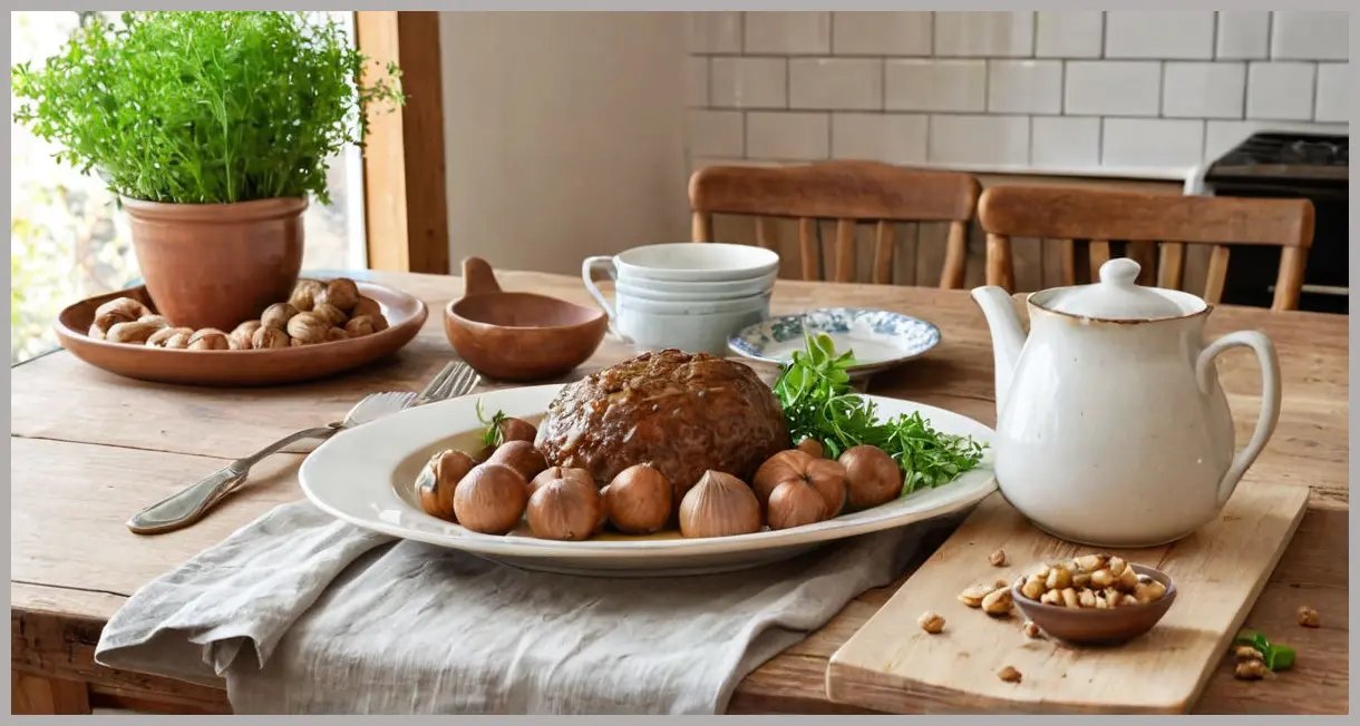 Wide shot of nut roast balls, greens, and gravy pitcher on a farmhouse table, garnished with walnuts and thyme. Nut roast balls, onion gravy and greens