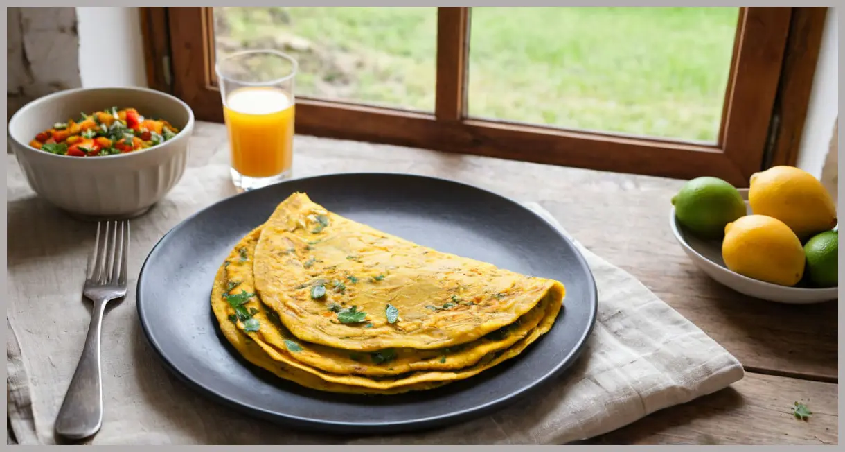 A rustic table setting with a spicy vegan omelette, fresh herbs, and mango chutney, bathed in soft overcast light. Spicy vegan omelette