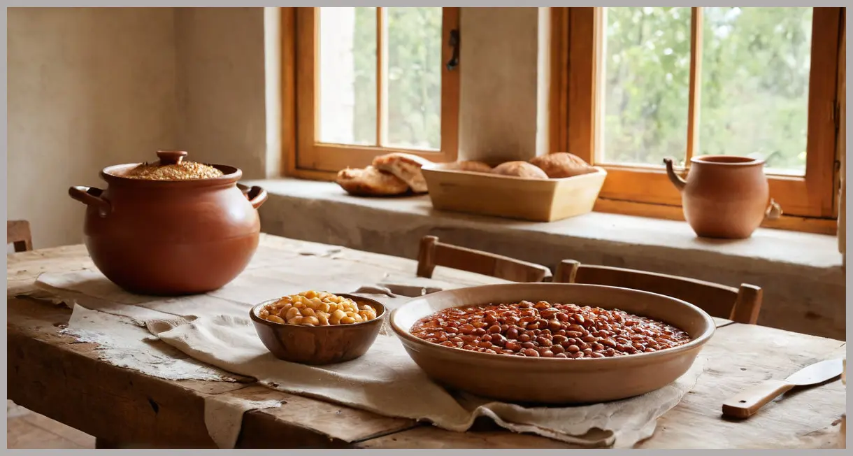 Wide shot of a rustic farmhouse table with a clay pot of Prebranac (caramelised-onion baked beans), crusty bread, linen napkin, golden hour lighting. Serene rural atmosphere.