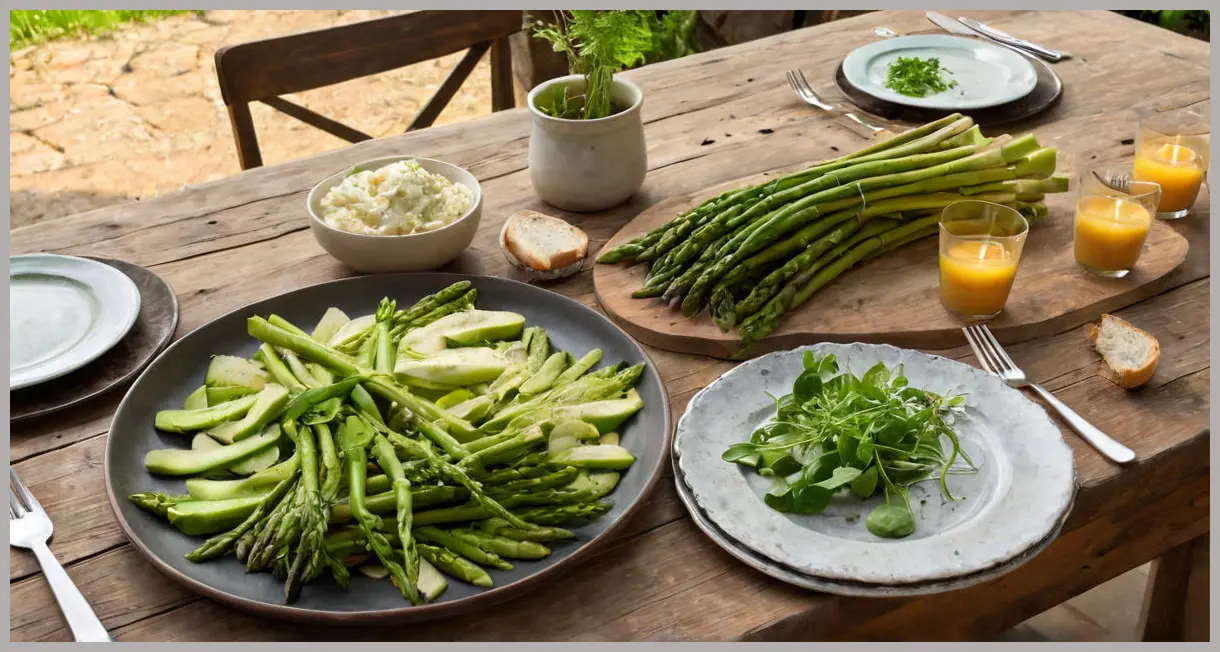 A wide-angle view of a farmhouse table with warmed asparagus, lettuce, and sourdough, bathed in golden hour light. Warmed asparagus and lettuce