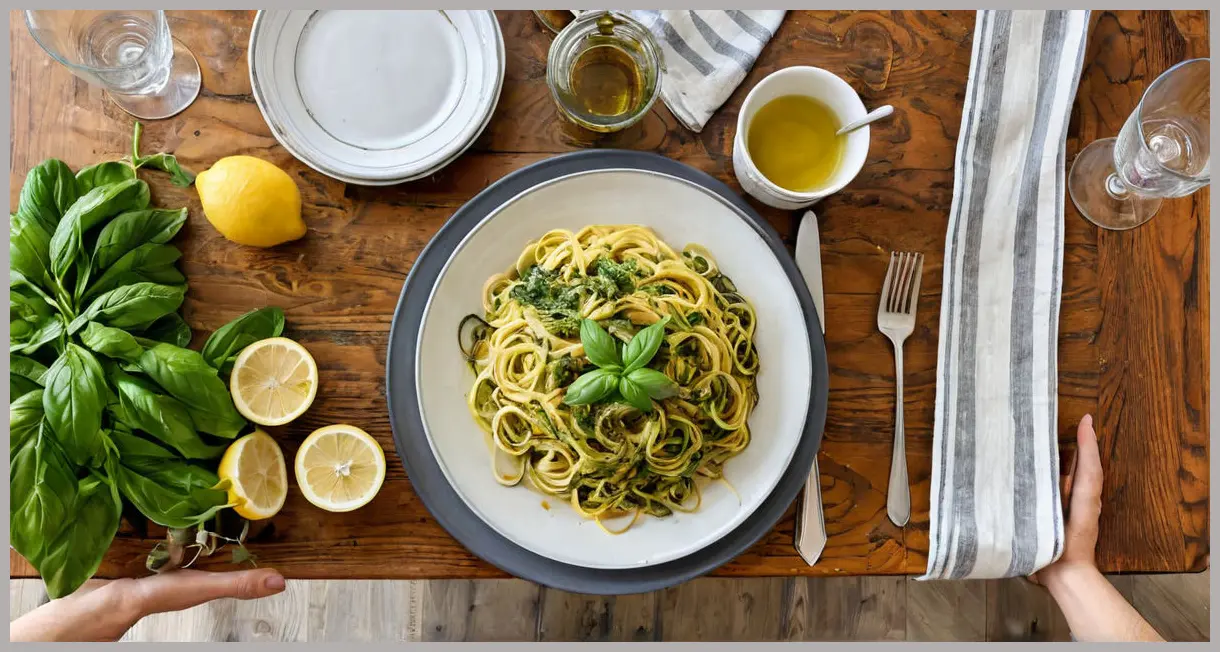 Wide-angle table setting with two plates of vegan pesto spaghetti with lemon and courgettes, lemon wedges, olive oil, and basil on a rustic farmhouse table.