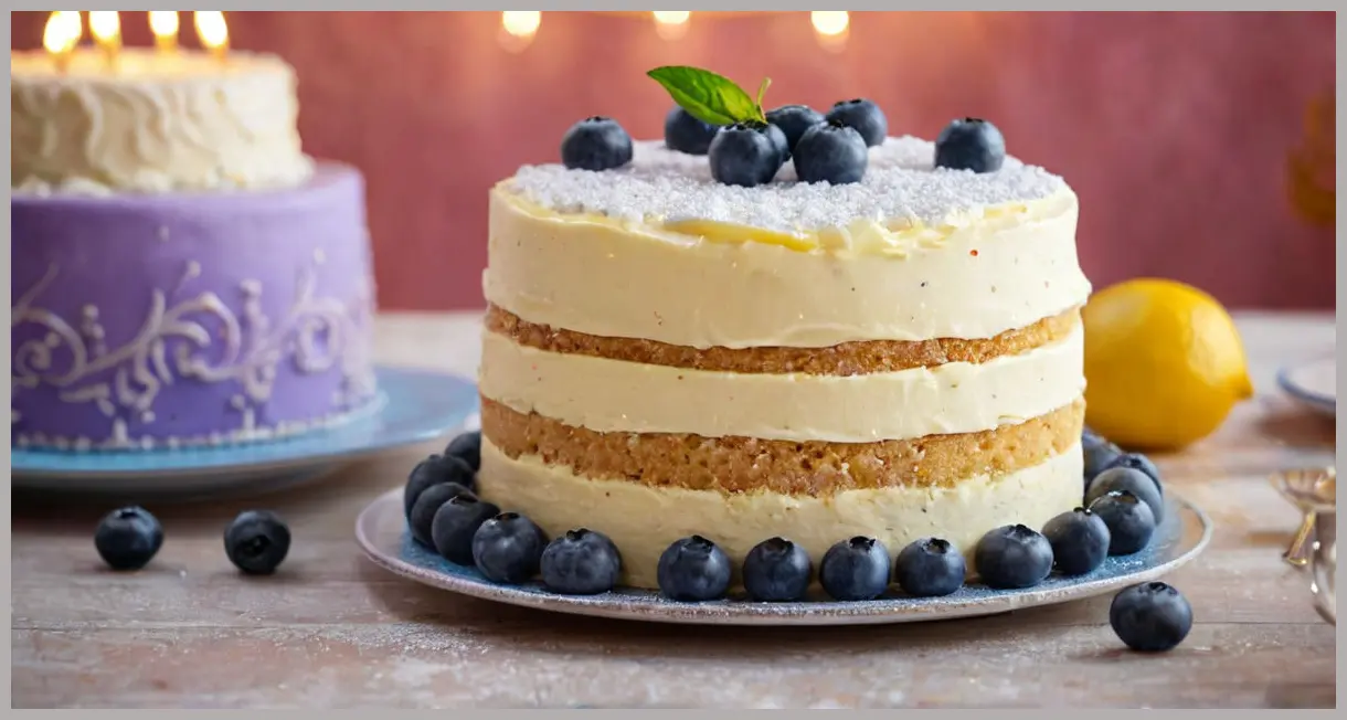 A wide shot of a frozen lemon and blueberry mousse cake as the centerpiece on a dessert table, bathed in warm ambient light with a neon glow backdrop.