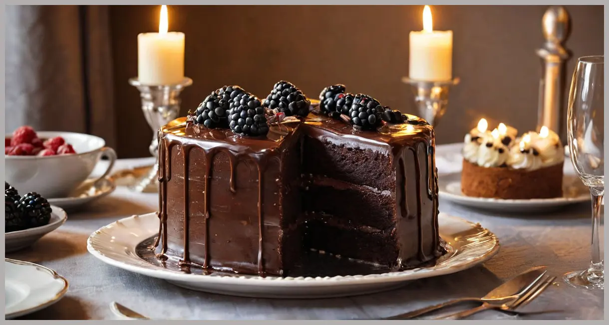 Wide shot of Chocolate Celebration Layer Cake as a table centerpiece, candlelight, vintage silverware, blackberries, warm glow, elegant celebratory setting.