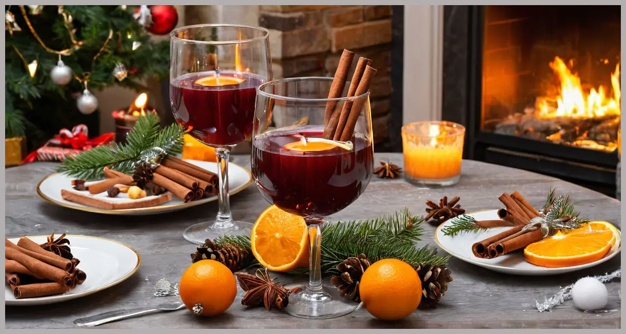 A wide shot of a festive Christmas table setting with multiple steaming heatproof glass tumblers of Christmas mulled wine, garnished, surrounded by holiday decorations and flickering candles.
