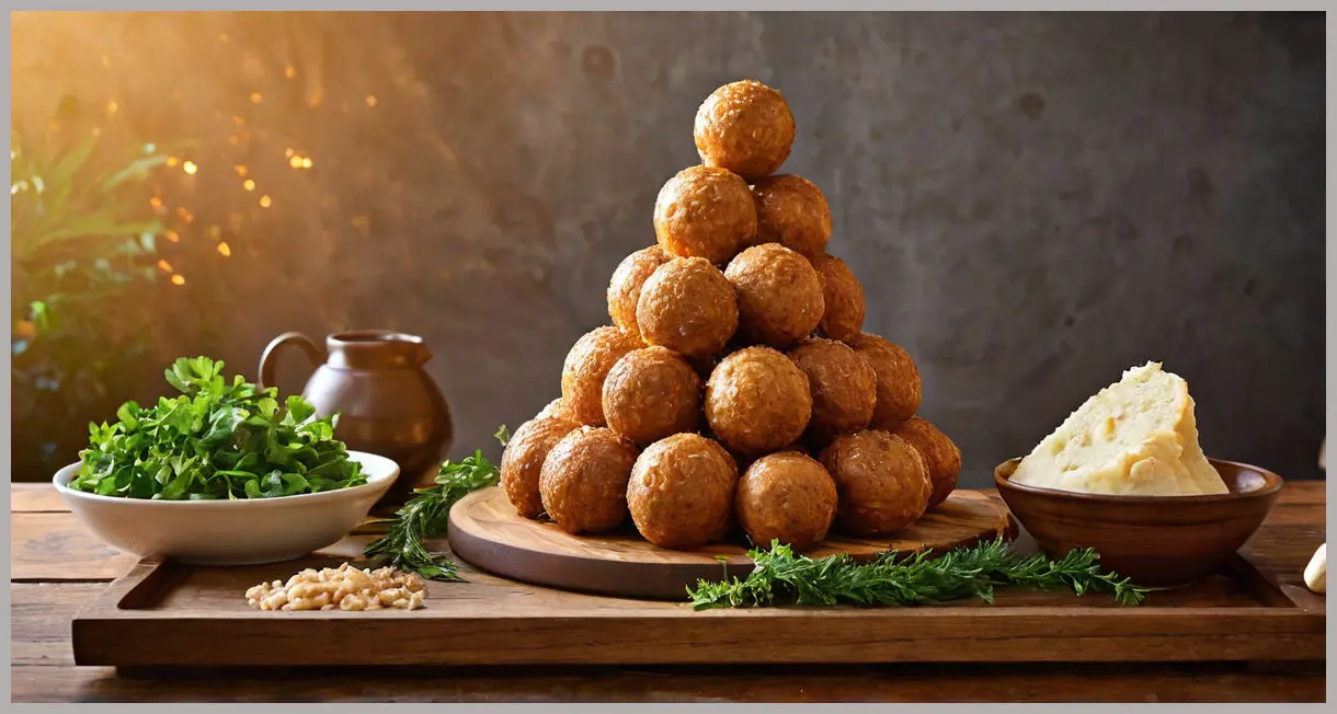 Dutch angle shot of nut roast balls stacked high, gravy dripping down, greens peeking through on wooden tray. Nut roast balls, onion gravy and greens