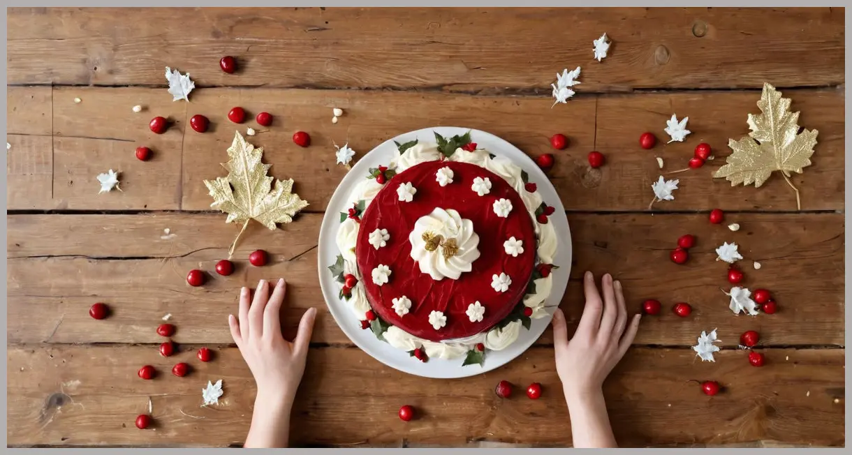 Overhead view of a six-layer Red Velvet Cake with cream cheese frosting, holly leaves, and almonds on wood. Red velvet cake