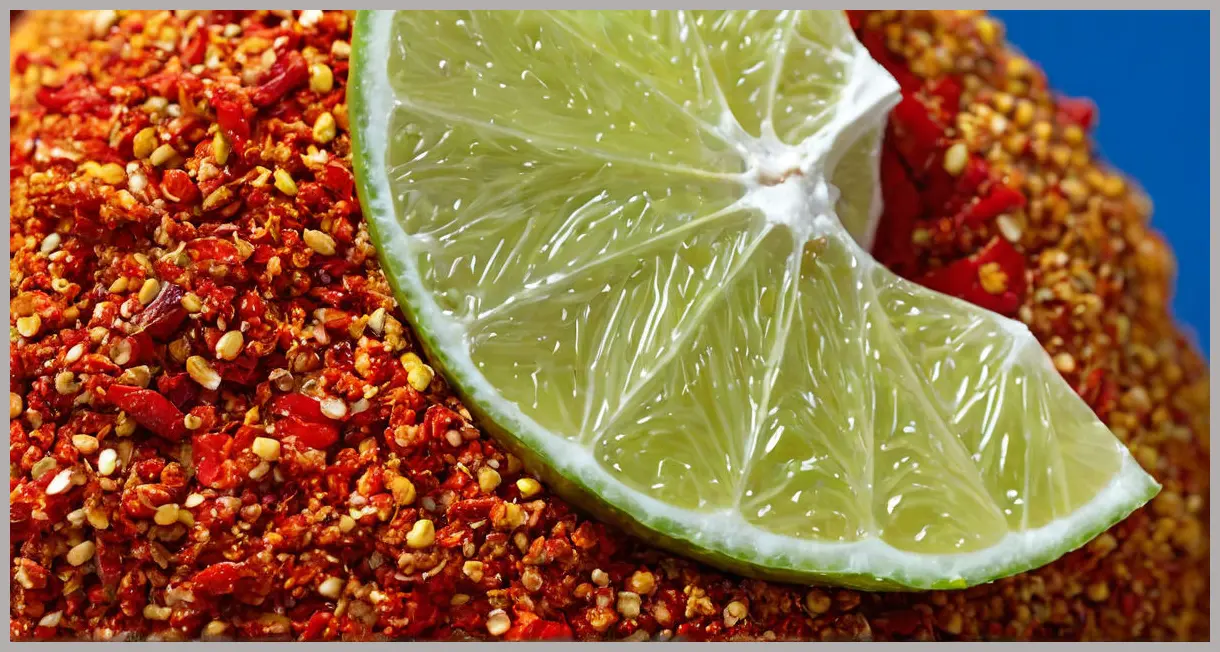A chilli-coated lime chunk glows under neon light, showcasing bold textures and electric colors. Lime pickle