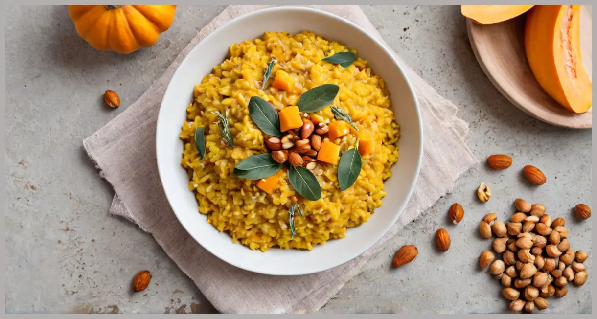 An overhead flat lay of vegan butternut squash risotto with millet, surrounded by roasted squash, sage, hazelnuts, and linen under soft light.