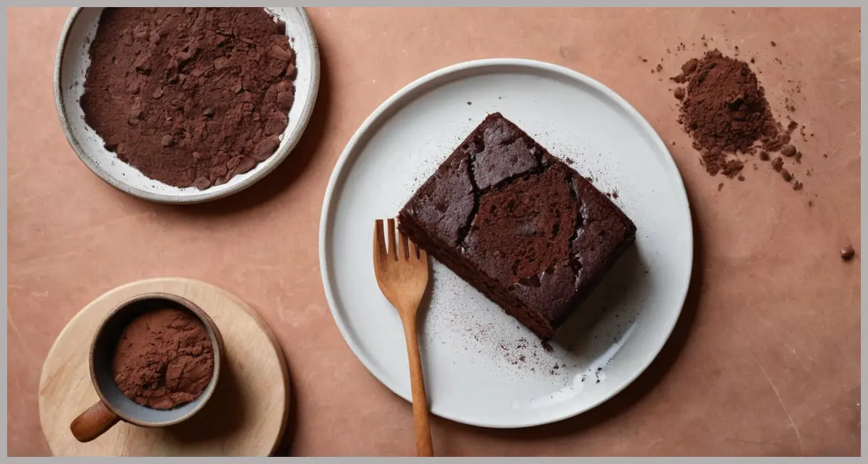 An overhead flat lay of Paul Hollywood’s chocolate fudge cake with cocoa powder, chocolate chunks, and a whisk, softly lit.