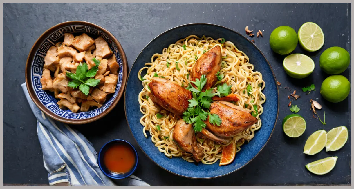 Overhead flat lay of Chinese chicken with noodles in a blue ceramic bowl, surrounded by fresh ginger, star anise, lime, and coriander under natural daylight. Chinese chicken with noodles