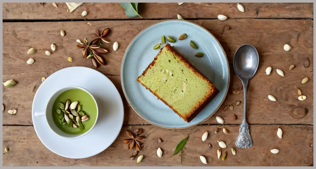 Overhead shot of Chetna Makan’s pistachio, cardamom and white chocolate cake sliced on a vintage plate, with cardamom pods, pistachios, and a cup of chai.