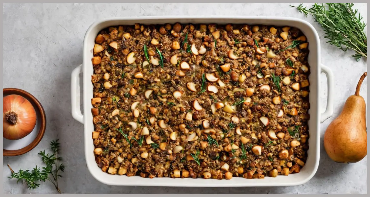 Overhead view of a ceramic dish with golden-brown stuffing, caramelised onions, pears, chestnuts, and thyme garnish, soft natural light. Caramelised onion, pear and chestnut stuffing