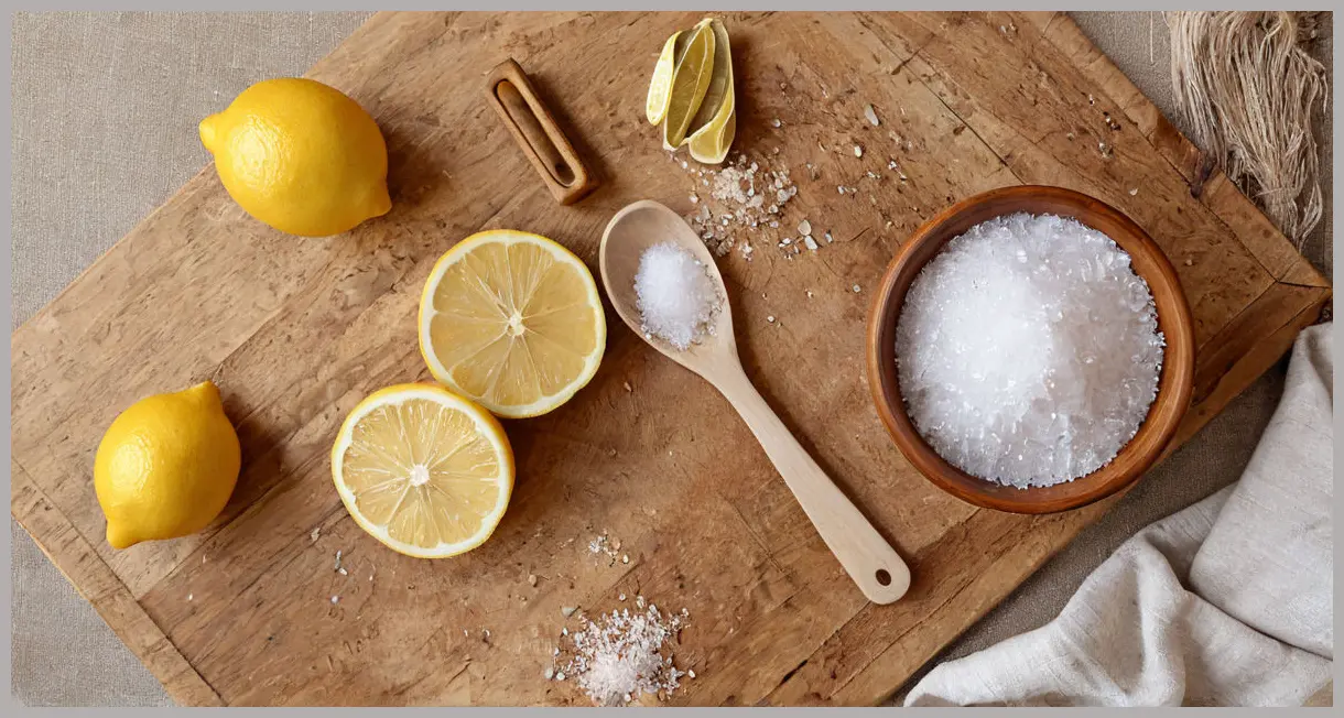 Overhead flat lay of preserved lemons, fresh lemons, spices, and a wooden spoon on linen, bathed in natural daylight. Preserved lemons