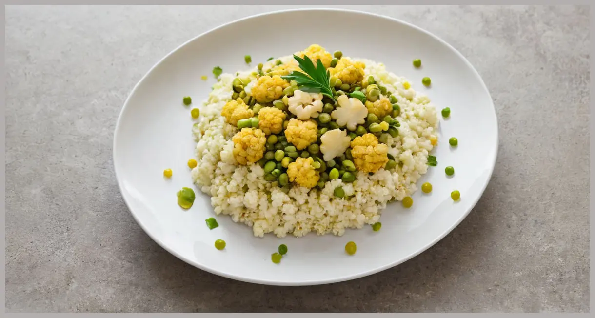 An overhead flat lay of cauliflower, couscous, olives, and preserved lemons on a white plate, bright and fresh. Cauliflower with olives, preserved lemons and giant couscous