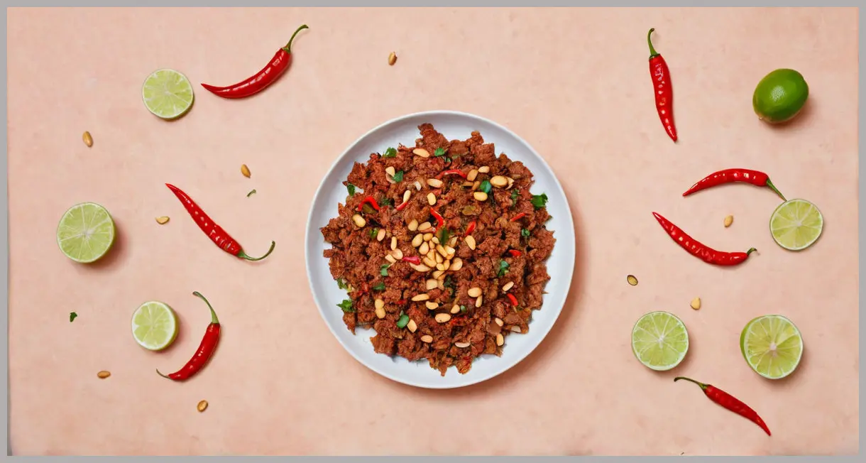 Overhead flat lay of sliced spiced brisket with chilli, lime, peanut and coriander, arranged in a circle with lime wedges and coriander sprigs.