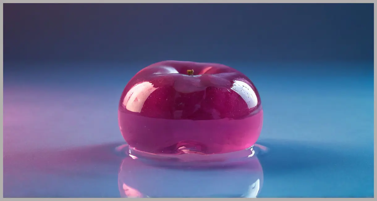 A macro shot of a British plum umeboshi floating in vodka-infused brine, backlit with a soft neon glow. British plum umeboshi