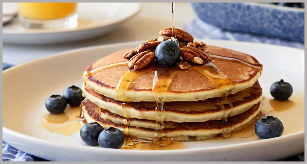 Close-up of a fork lifting a fluffy vegan blueberry pancake, revealing blueberries and pecans inside, with syrup dripping in golden hour light. Vegan blueberry pancakes