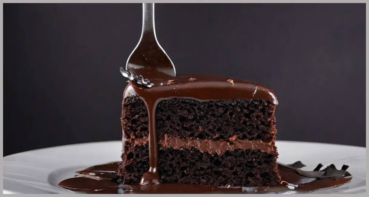 A fork lifting a bite of Chocolate Cola Cake, revealing gooey ganache and moist crumb under dramatic neon-lit side lighting.