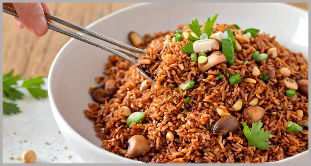 Close-up of a forkful of stir-fried red rice with spring onions, mushrooms, and cashews glistening in studio light. Stir-fried red rice
