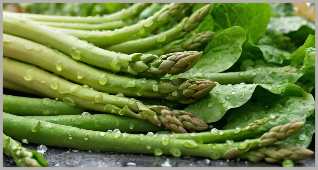 A close-up of a single asparagus spear on Little Gem lettuce, dew-kissed and vibrant. Warm golden light enhances the freshness. Warmed asparagus and lettuce