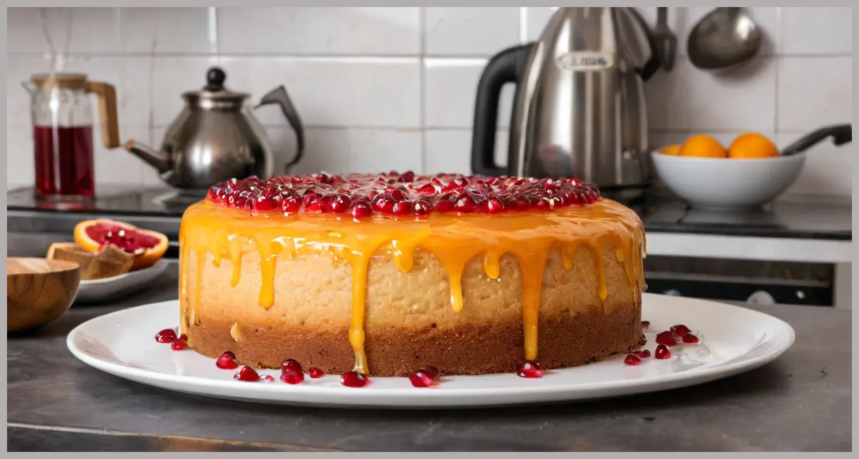 Eric Lanlard’s clementine and pomegranate cake (gluten-free) cooling on a wire rack, glaze reflecting light, almond flakes scattered, warm and inviting kitchen scene.