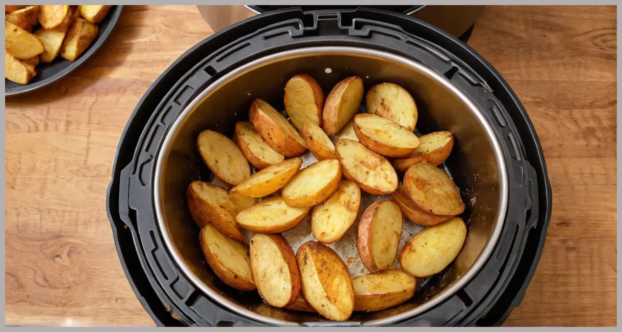 Wide-angle top-down shot of an air fryer basket filled with golden potato wedges, warm kitchen lighting, rising steam, and a blurred counter background. Air fryer potato wedges
