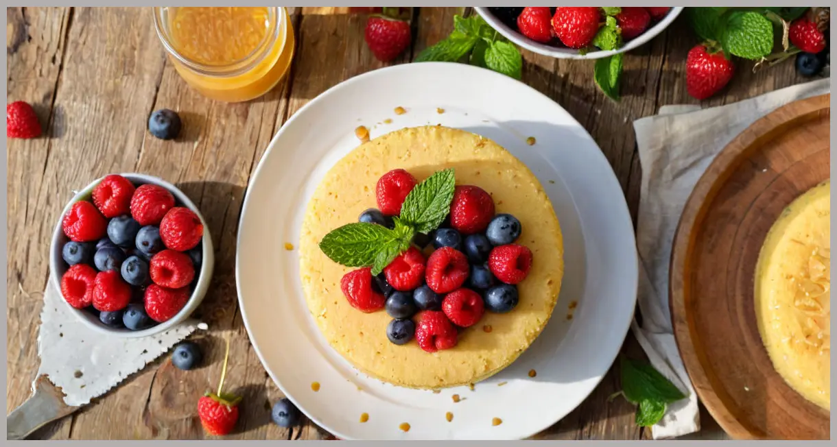Overhead flat lay of gluten-free birthday cake sponge with fresh berries, mint, and honey in golden hour sunlight. Gluten-free birthday cake sponge