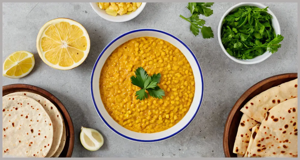 Overhead flat lay of coconut dhal in a ceramic bowl, six chapatis arranged around it, garnished with cilantro and lemon. Coconut dhal and chapatis