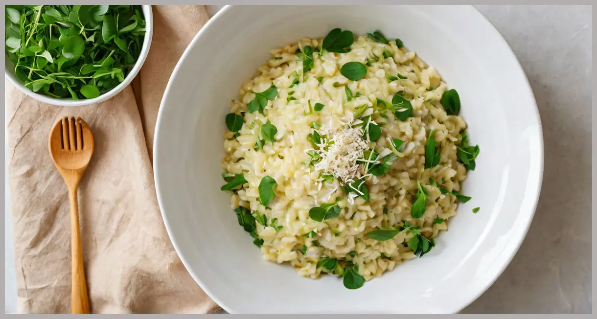 Top-down flat lay of leek and watercress risotto in a white bowl, surrounded by fresh leeks, watercress, almonds, and lemon. Clean, bright, and inviting. Leek and watercress risotto
