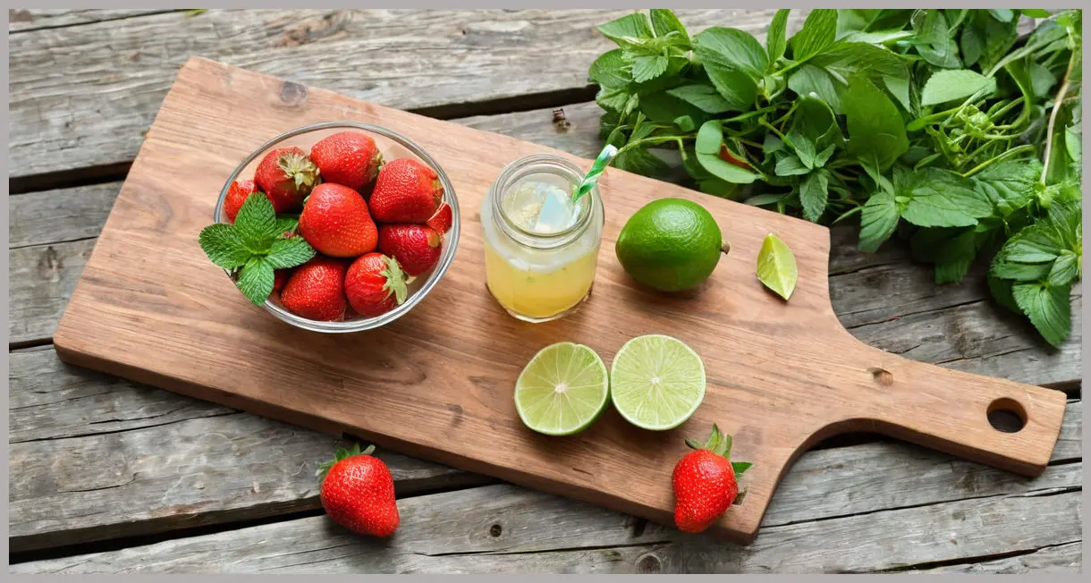 A photorealistic flat lay showcasing the key ingredients for a Strawberry, lime and elderflower muddle: ripe strawberries, sliced limes, elderflower cordial, and fresh mint on a rustic wooden board.