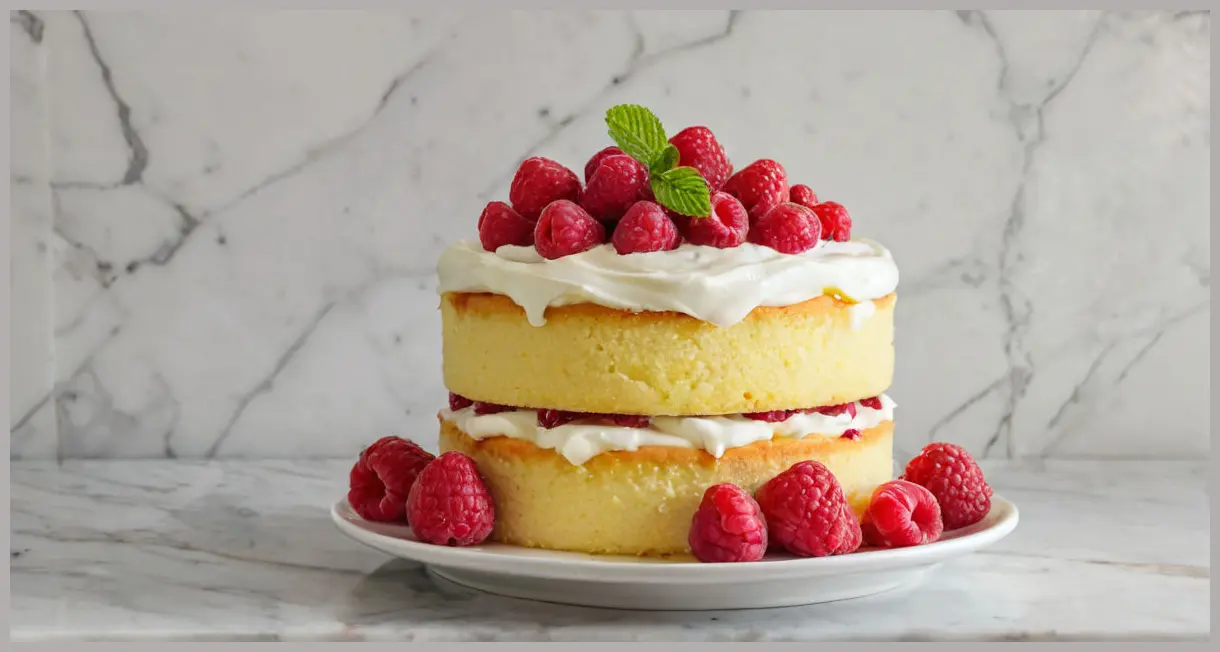 Wide-angle shot of Raspberry and lemon sponge cake on marble, garnished with raspberries, mint, and lemon wedges, backlit by natural light.