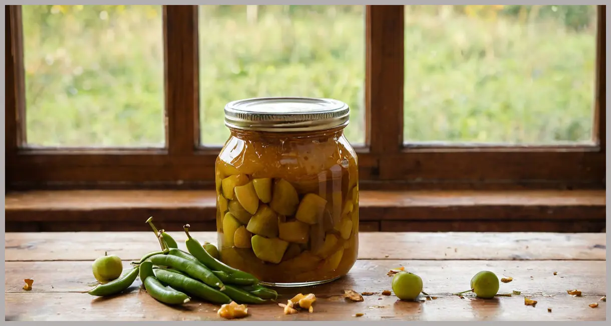 Runner bean and apple chutney in a rustic jar on a wooden table, golden syrup dripping, close-up with shallow focus.