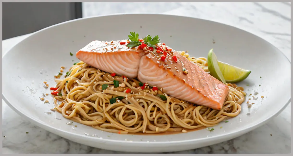 Side profile of freshly plated peanut, sesame and ginger noodles with wild Alaskan salmon, bright window light, marble countertop, salmon fillet, and fresh garnishes.